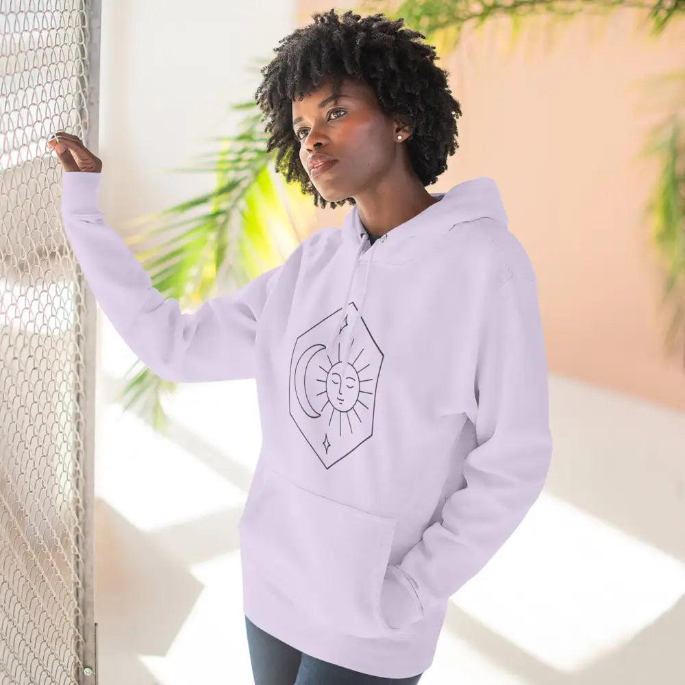 White pullover hoodie with sun and moon celestial graphic, cozy fleece fleece hoodie for unisex style