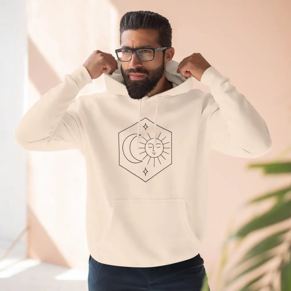 Men’s cream-colored celestial fleece hoodie with hood, cozy fleece, and boho style