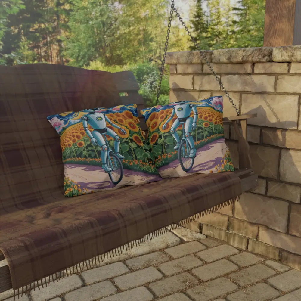 Wooden porch swing with Sunflower Robot outdoor pillow, perfect for summer patio decor