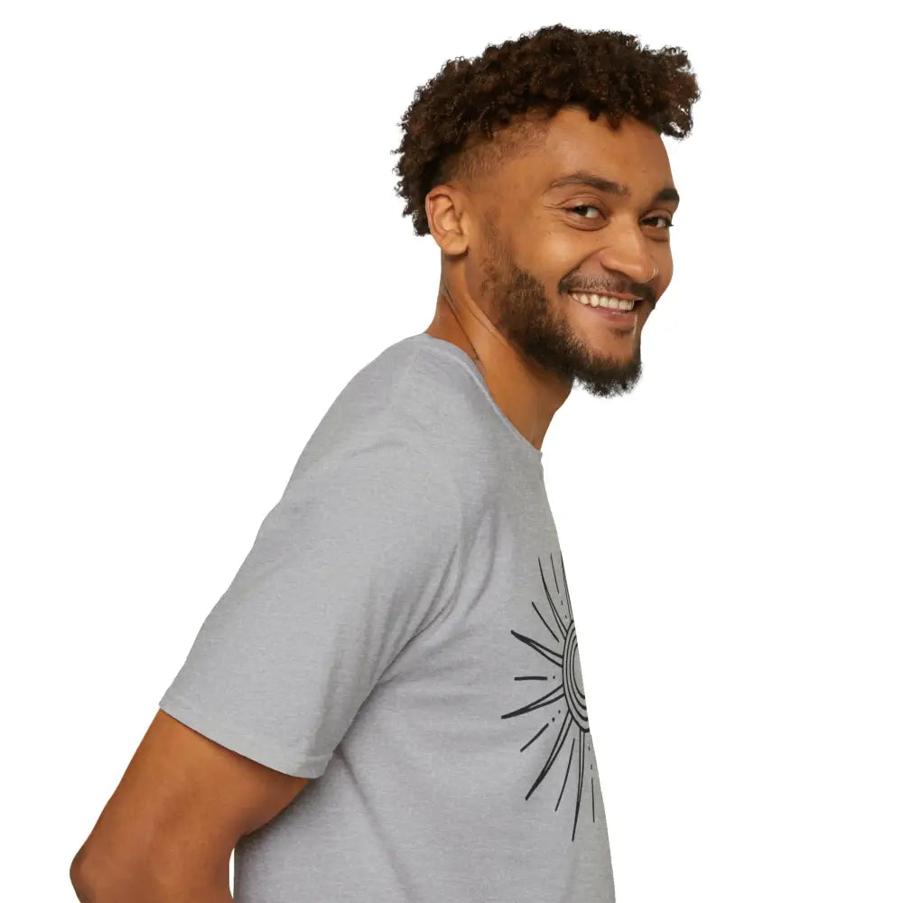Unisex softstyle Sunshine Graphic T-Shirt with sunburst design, low heat, easy care