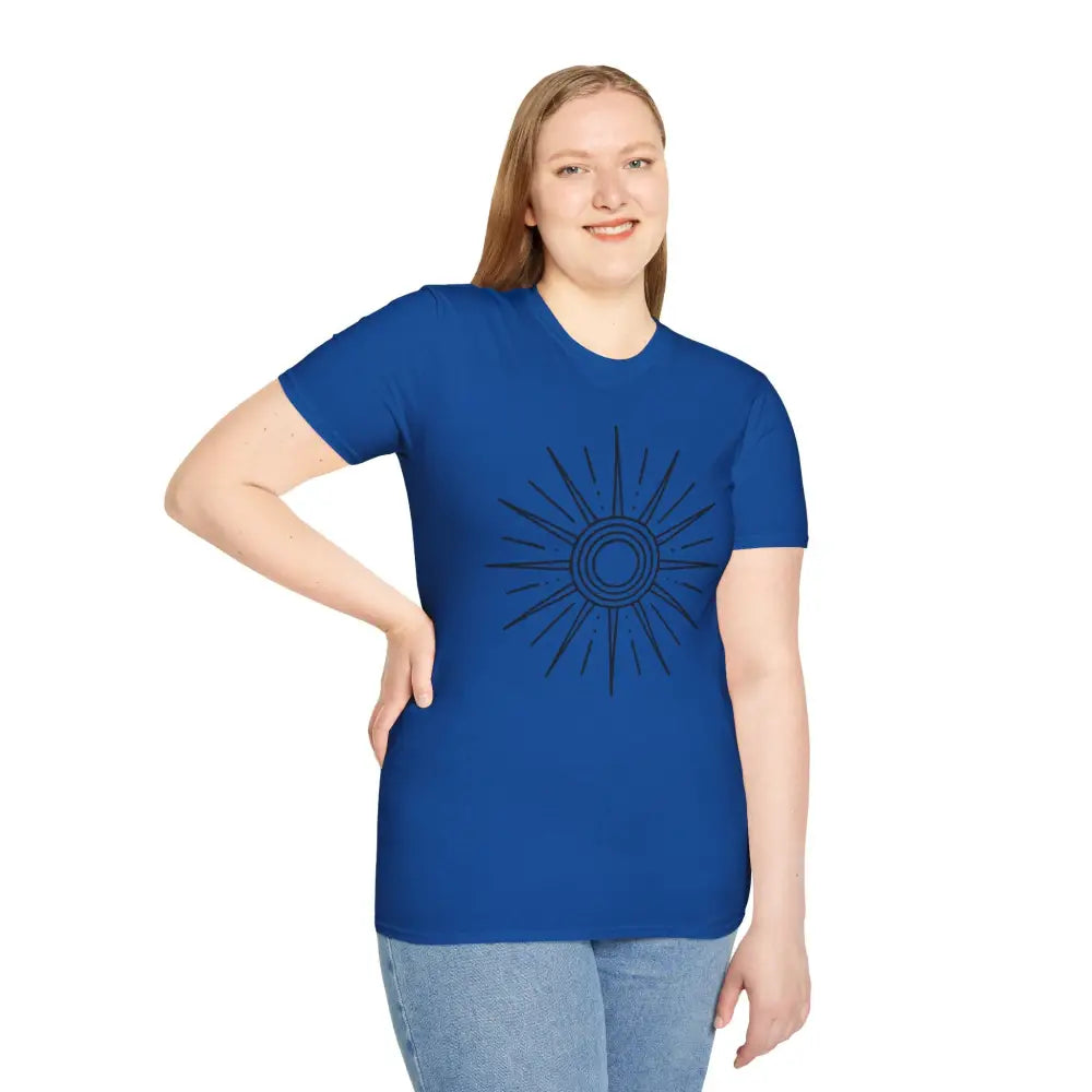 Woman wearing unisex softstyle Sunshine Graphic T-Shirt with sun design, perfect for outdoor adventures