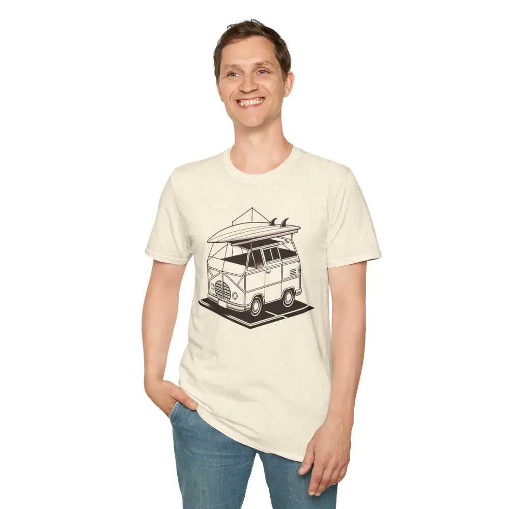 Man wearing a Surf Van Adventure unisex T-shirt with vintage van graphic, crew neckline