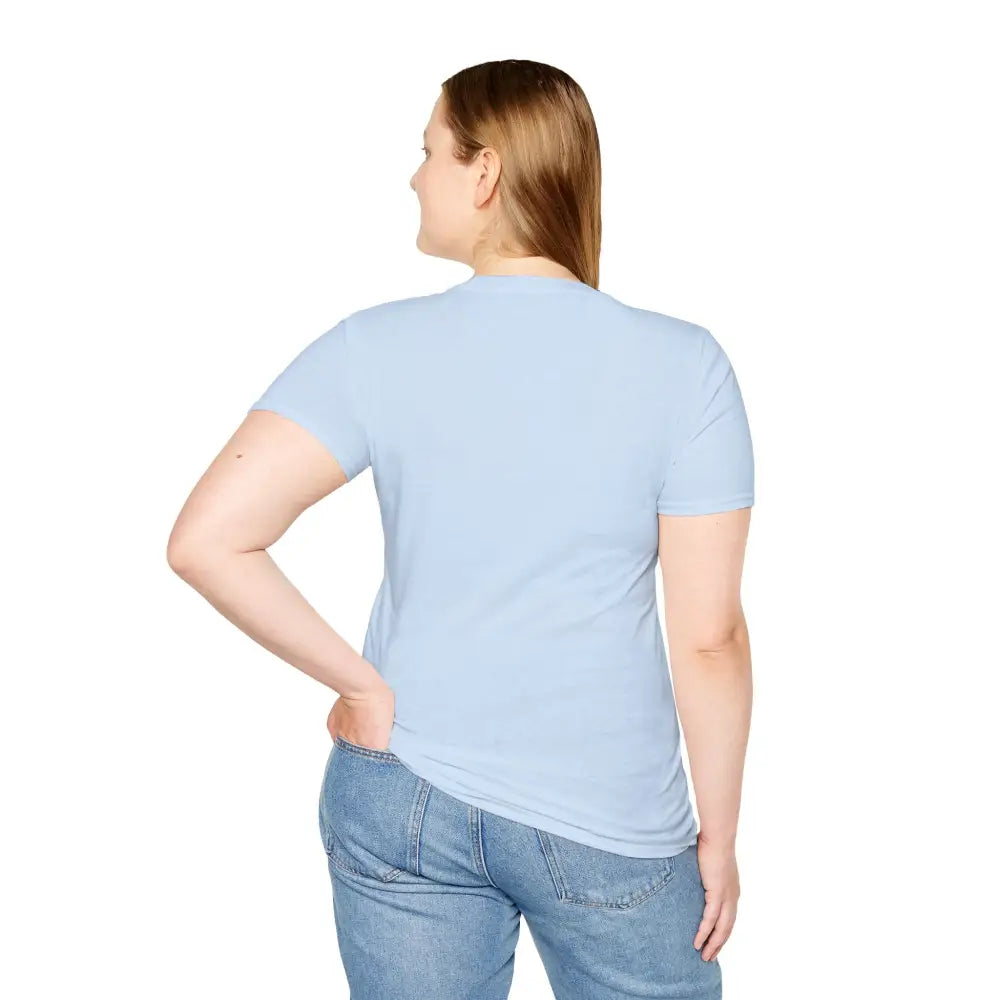 Light blue short-sleeve T-shirt with crew neckline on person, made of ring-spun cotton