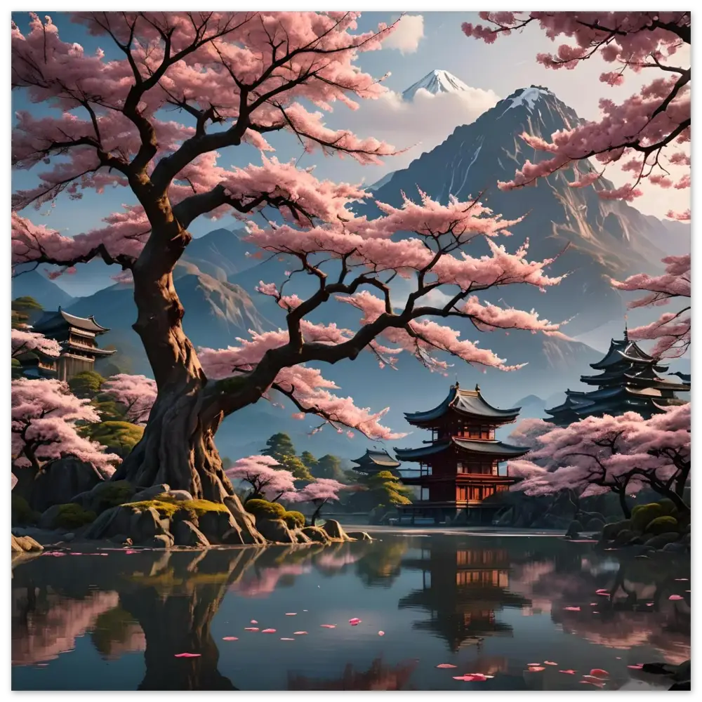 Cherry blossom-draped Japanese landscape on metal print Temple Blossom Serenity by PixiOnyx