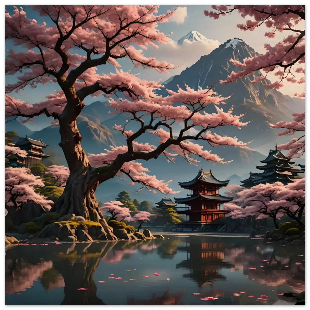 Japanese cherry blossom landscape wall print for serene Temple Blossom Serenity decor