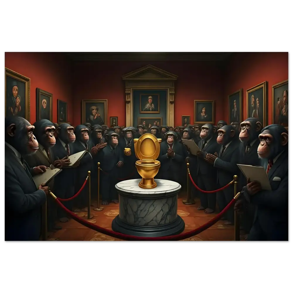Golden toilet depicted as Aluminum Print in The Golden Throne Metallic Satire Wall Art