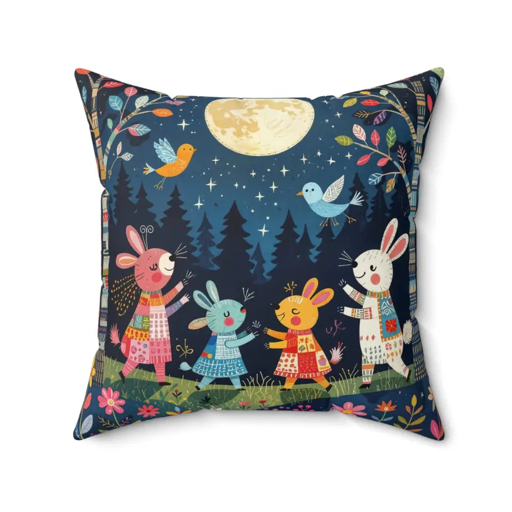 Decorative throw pillow featuring forest creature dance with rabbits, moon, and stars by Honson Ventures Limited