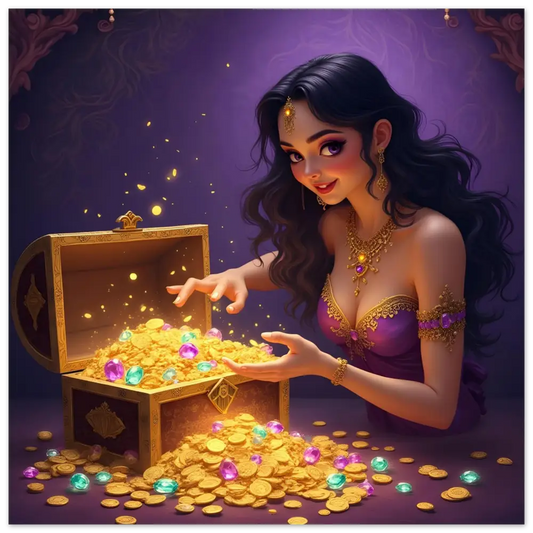 Treasure Seeker Aluminum Wall Art with overflowing gold coins and jewels in Ultra-HD print