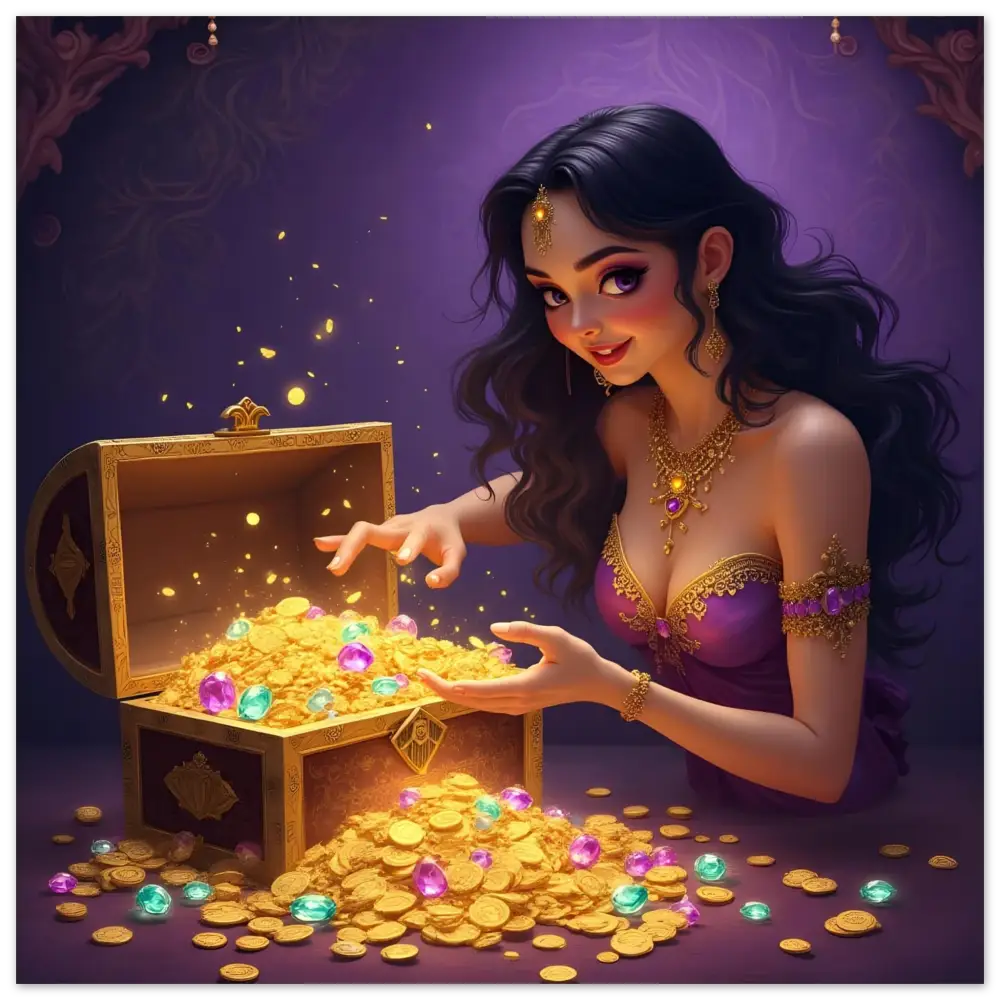 Treasure Seeker Aluminum Wall Art featuring overflowing gold coins and colorful gems