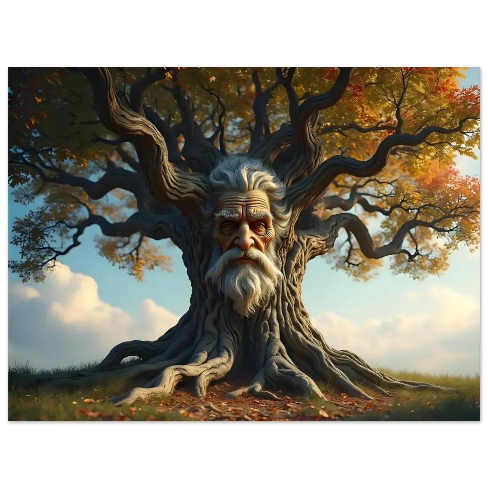 Anthropomorphic tree with a wise face displayed on PixiOnyx Metallic Treeface Metal Print