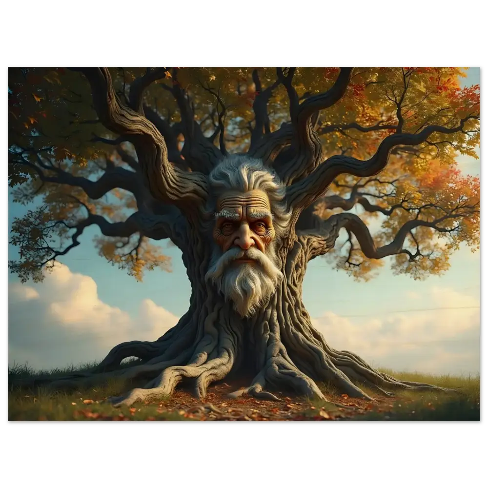 Tree with an old man’s face displayed on the Treeface Wood Print Wisdomroot Sentinel