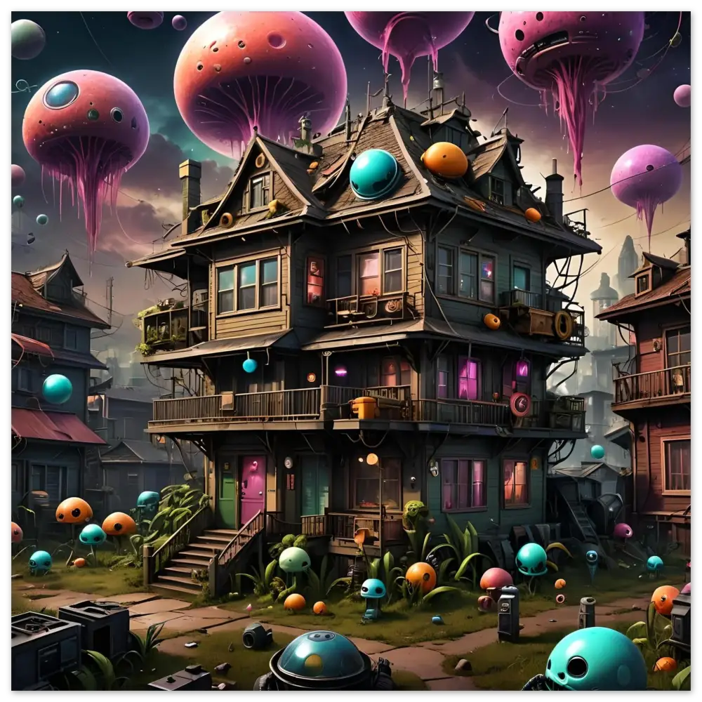 Whimsical three-story Trippy Mushroom House with floating jellyfish-like orbs wall art