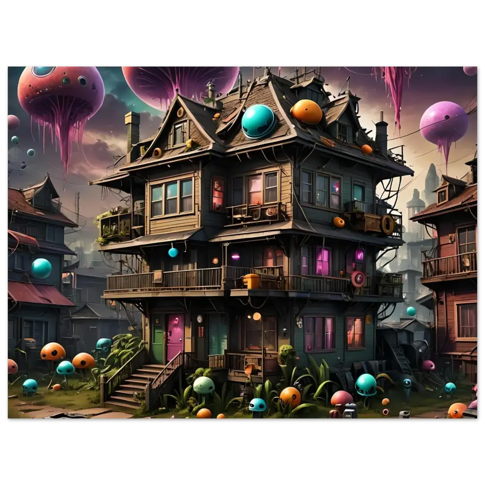 Whimsical multi-story house with colorful orbs psychedelic sci-fi wall art Aluminum Print