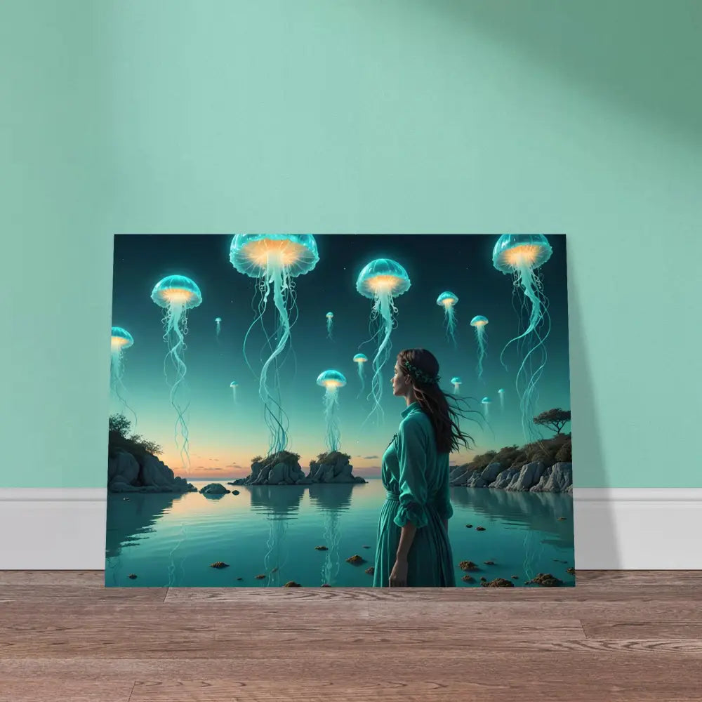 Fantasy jellyfish canvas art on Turquoise Ascension Metal Print Lagoon Dreamscape Wall Art