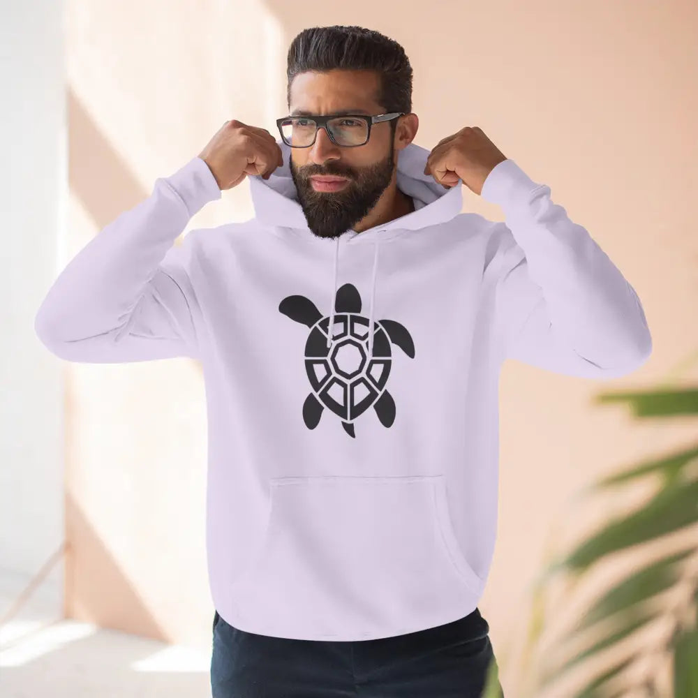 White men’s fleece hoodie with black turtle graphic, perfect for casual outings and low heat comfort