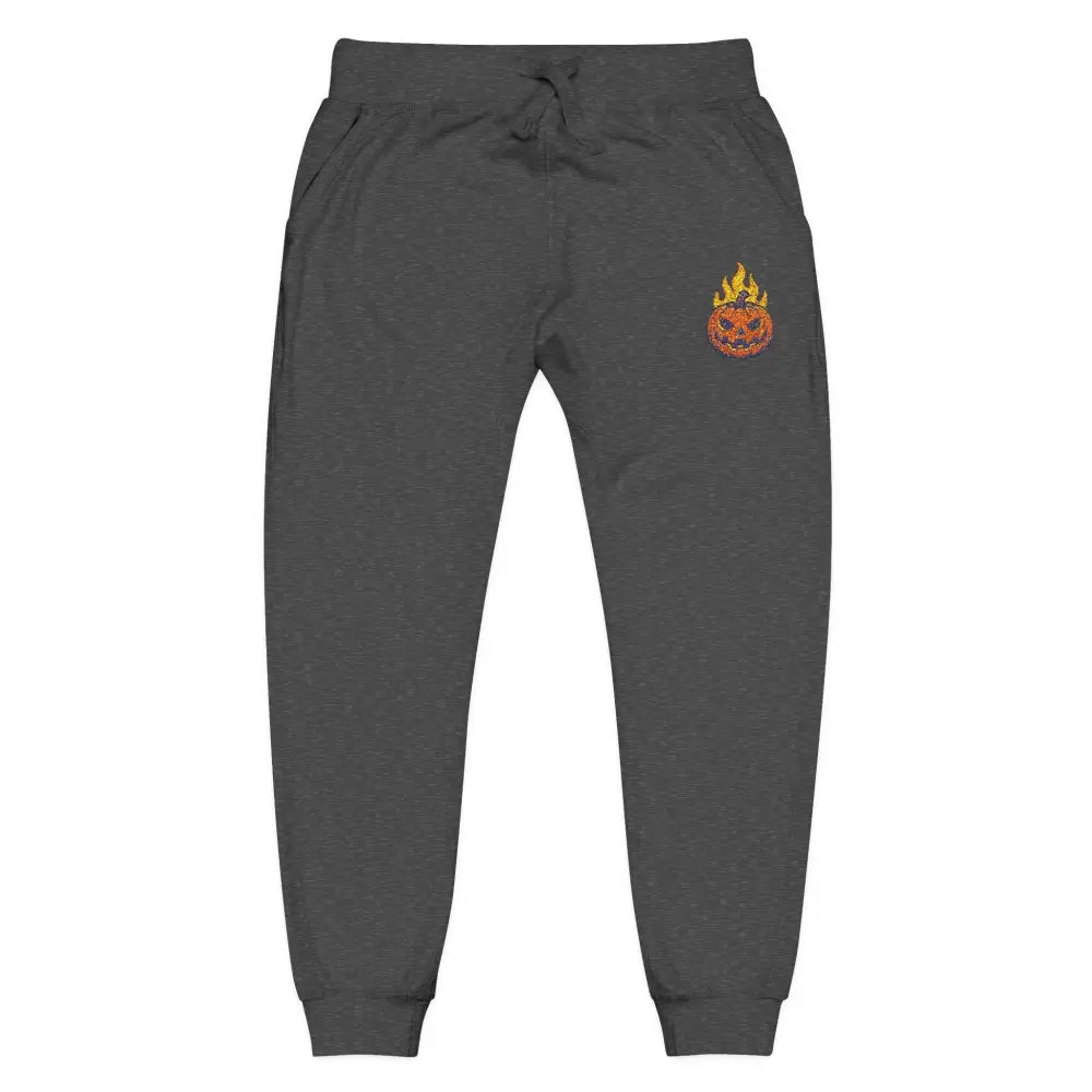 Dark grey fleece sweatpants with flaming pumpkin embroidery for cozy Halloween streetwear