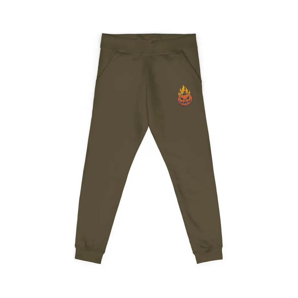 Olive green fleece sweatpants with flaming pumpkin emblem for cozy Halloween streetwear