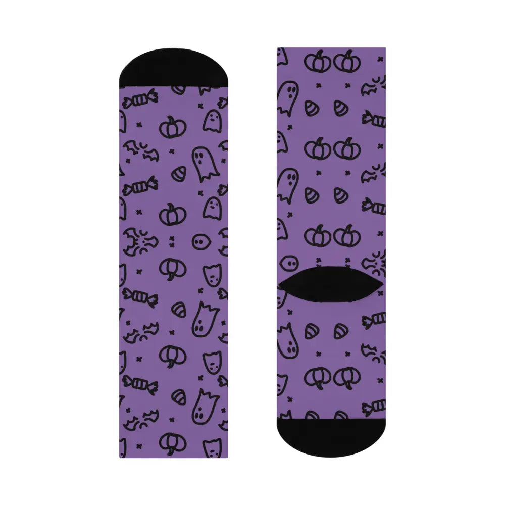 Purple Halloween cushioned crew socks with ghost pumpkin and candy patterns from PixiOnyx
