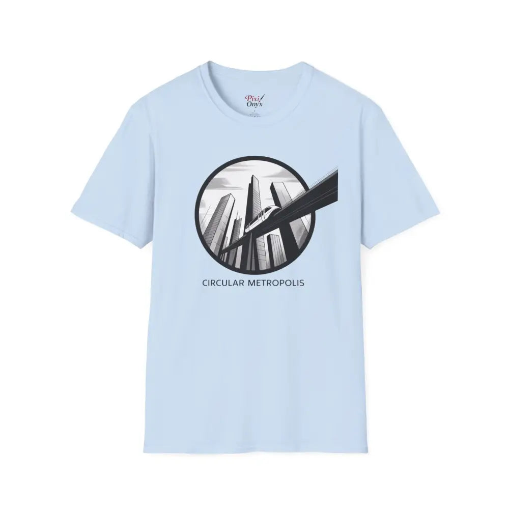 Light blue unisex softstyle t-shirt with Circular Metropolis graphic and ribbed knit collar