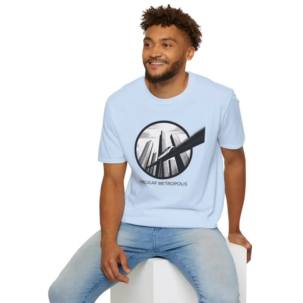 Light blue unisex softstyle t-shirt with city skyline graphic and ribbed knit collar