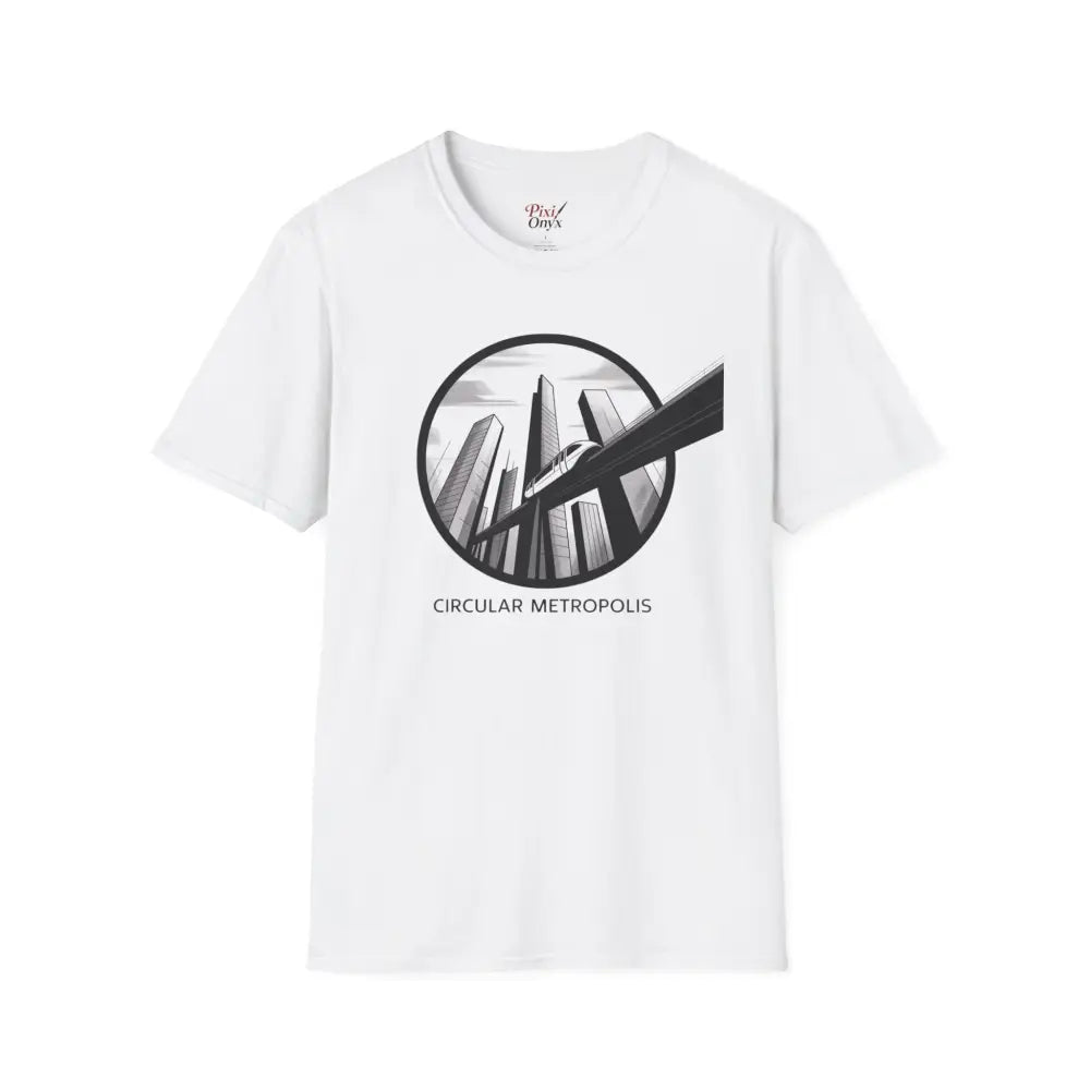 White unisex softstyle t-shirt with circular city skyline graphic and ribbed knit collar