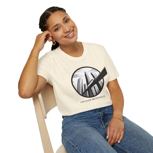 Unisex softstyle t-shirt with ribbed knit collar in cream, stylish casual street wear