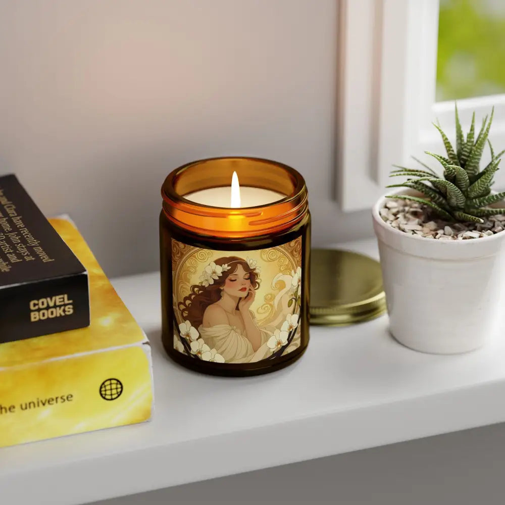 Amber jar candle with woman portrait from Vanilla Bean Scented Candle Soft Glow Muse