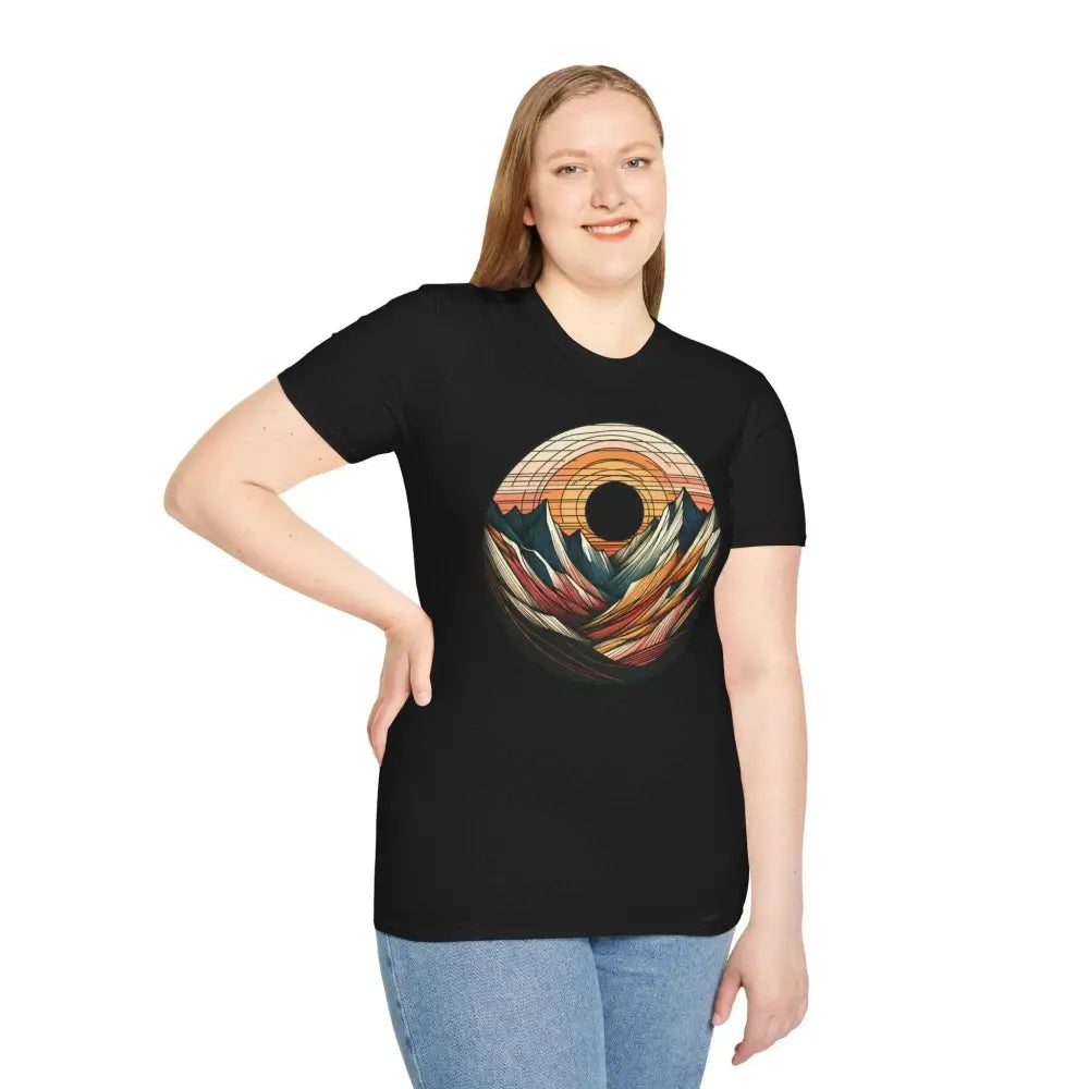 Plus-size black softstyle t-shirt with colorful mountain sunset graphic and elastic ribbed collar