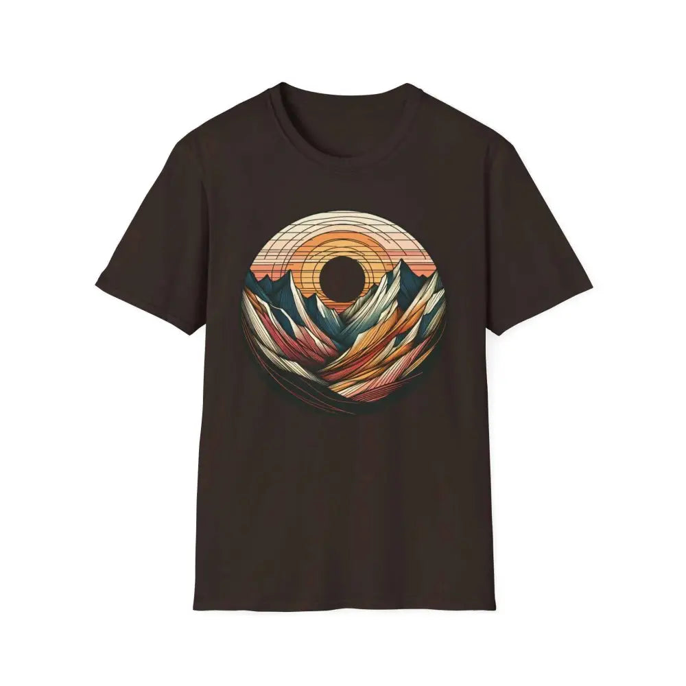 Dark brown softstyle t-shirt designed with mountain sunset graphic and elastic ribbed collar