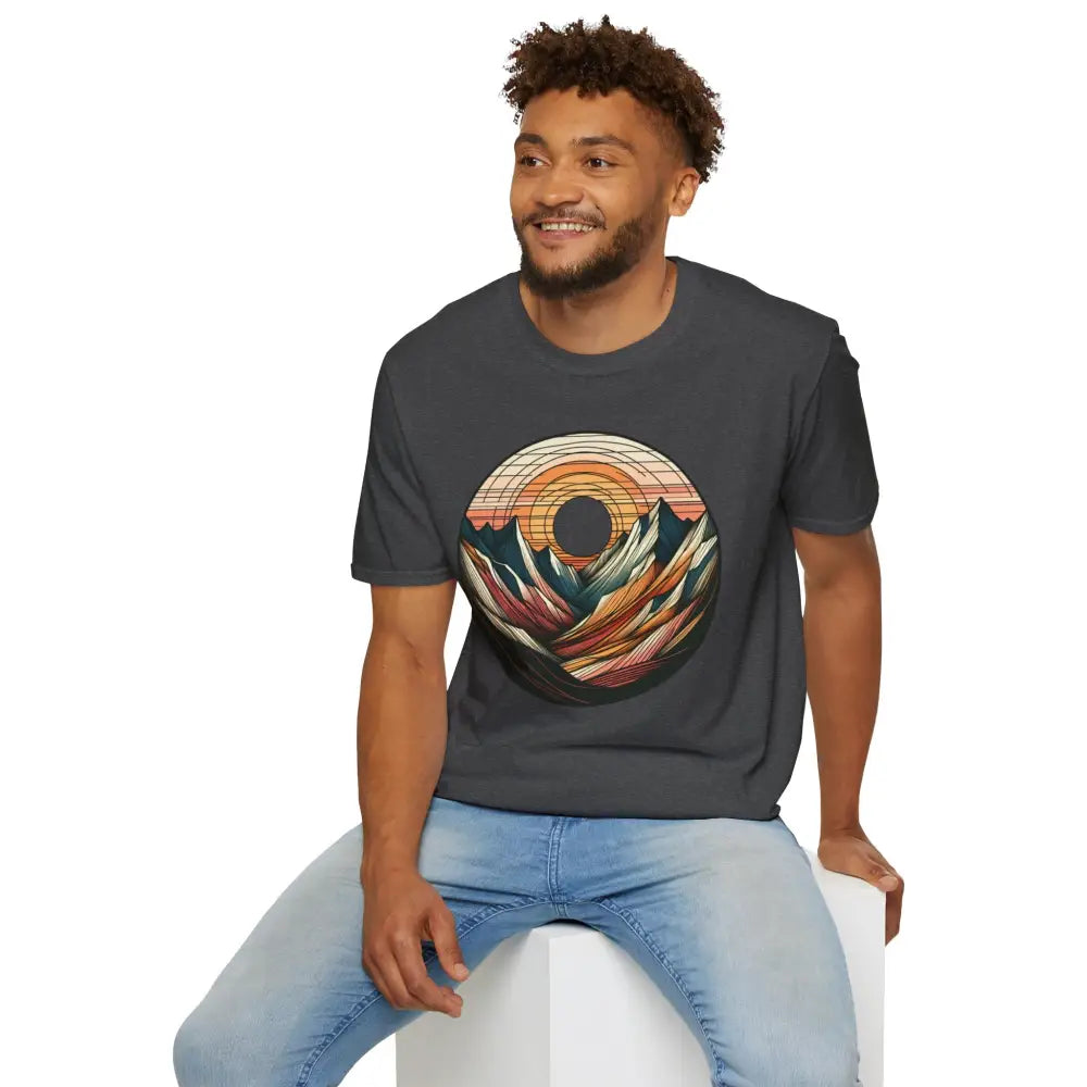 Man wearing a vintage mountain vibes softstyle t-shirt with elastic ribbed collar