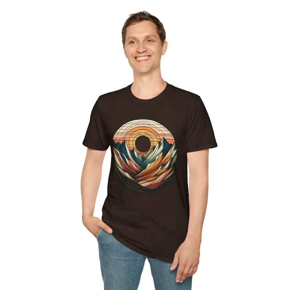Man wearing a vintage mountain vibes softstyle t-shirt with colorful sunset graphic