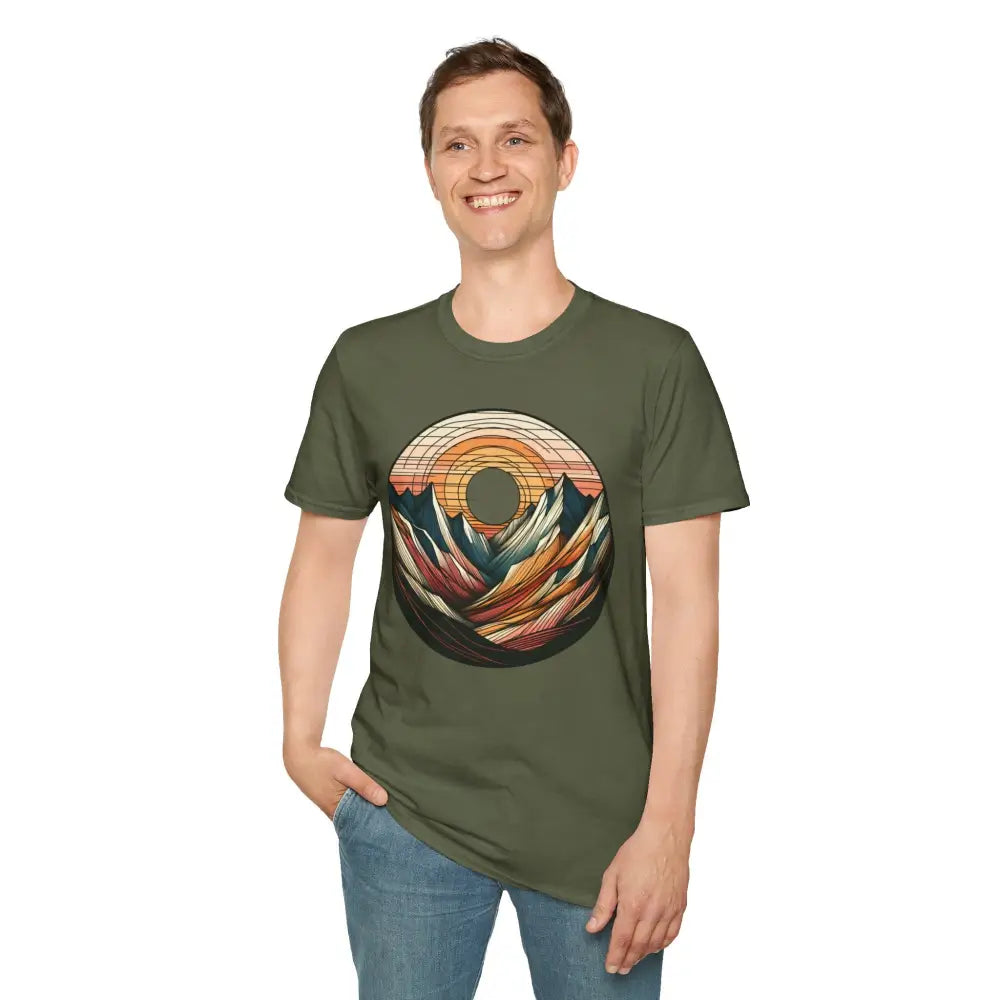 Smiling man in vintage mountain vibes softstyle t-shirt with elastic ribbed collar
