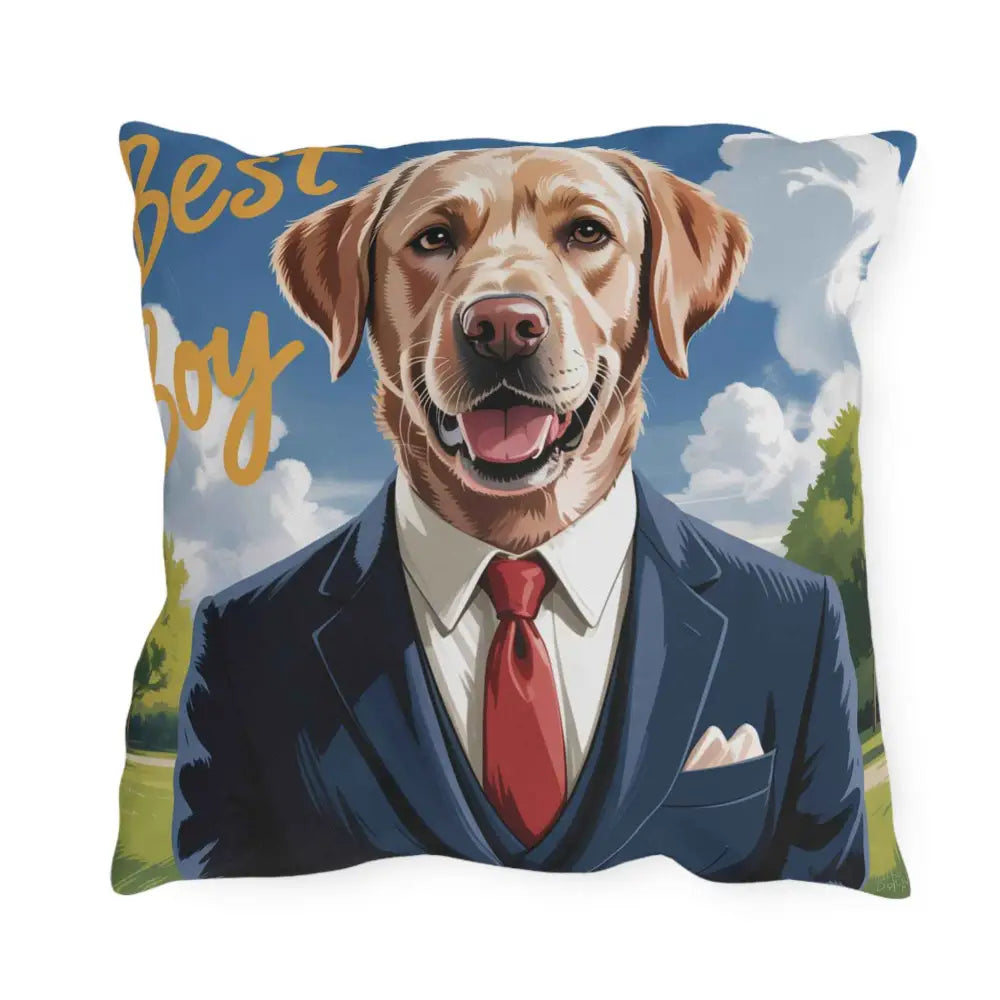 Square outdoor pillow for pet lovers featuring a yellow Labrador in a suit and tie