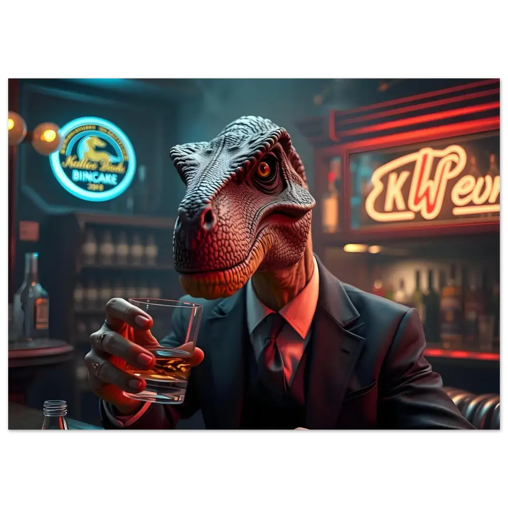 Dinosaur in a suit drinking whiskey from the Whiskey Raptor Poster on PixiOnyx Fine Art Print