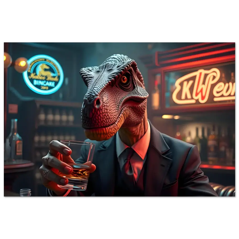 Dinosaur in a suit holding a drink depicted in Whiskey Raptor Poster by PixiOnyx