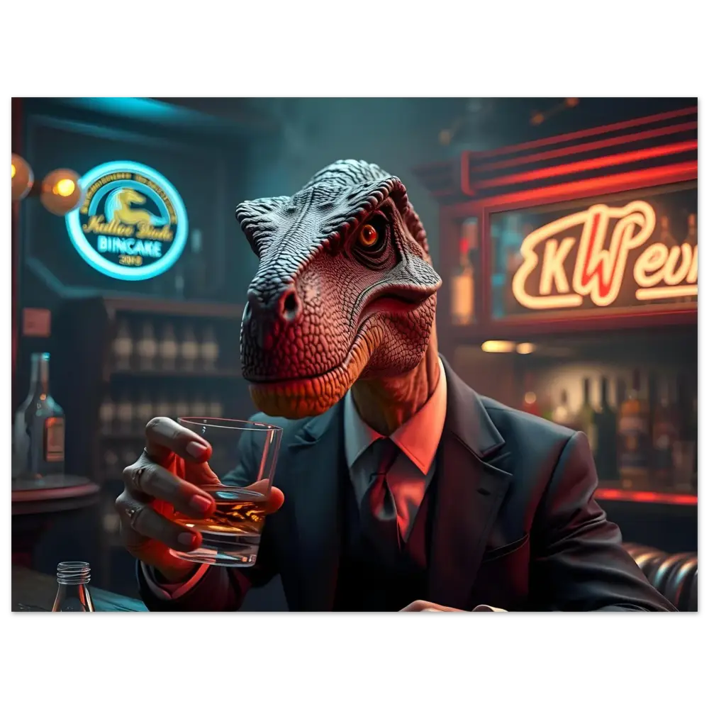 Dinosaur in suit holding whiskey for Whiskey Raptor Poster – After Hours Instincts PixiOnyx Fine Art Print