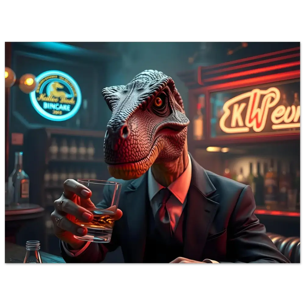 Dinosaur in a suit drinking whiskey displayed on Whiskey Raptor Poster PixiOnyx Fine Art Print