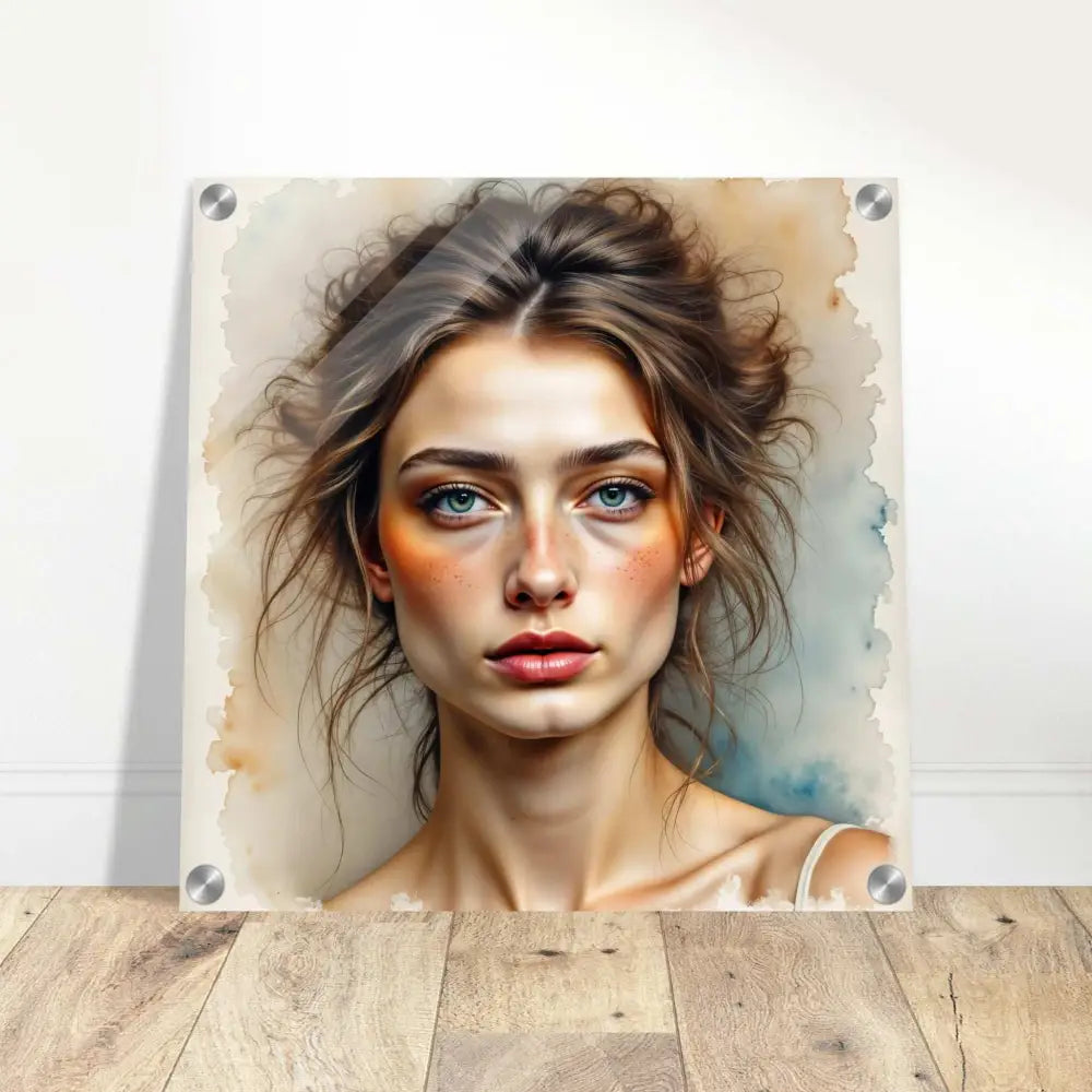 Watercolor portrait of a woman on a crystal-clear acrylic pane showcasing clarity beneath