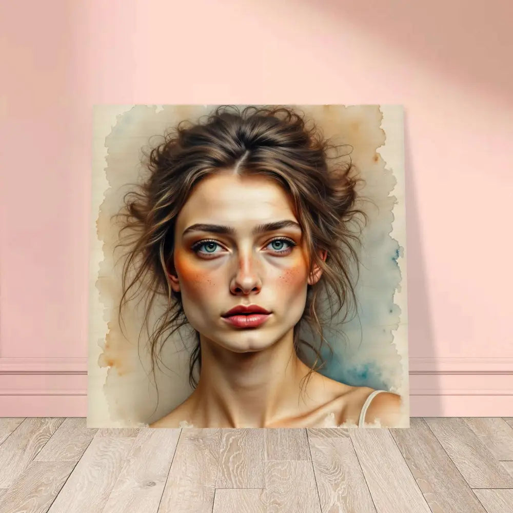Watercolor portrait of young woman on natural wood print with sustainably sourced birch