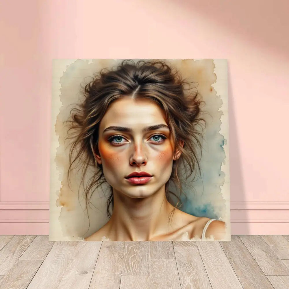 Watercolor portrait of woman with blue eyes and brown hair on natural wood print