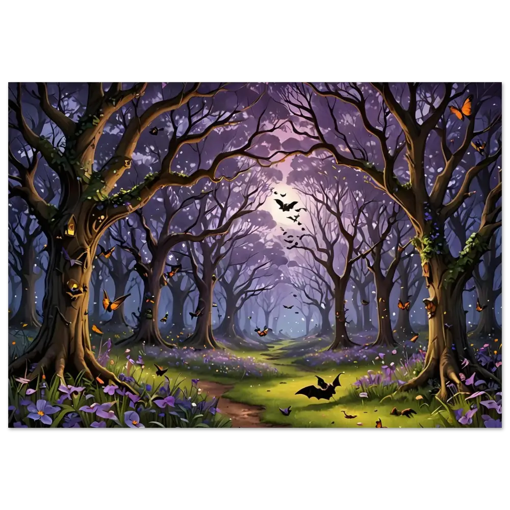 Whimsical Halloween forest scene displayed on Whispers of the Enchanted Forest Aluminum Print by PixiOnyx