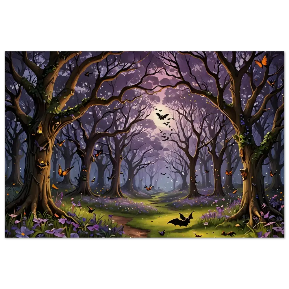 Eerie forest scene with bats and butterflies on Whispers of the Enchanted Forest Wood Print by PixiOnyx