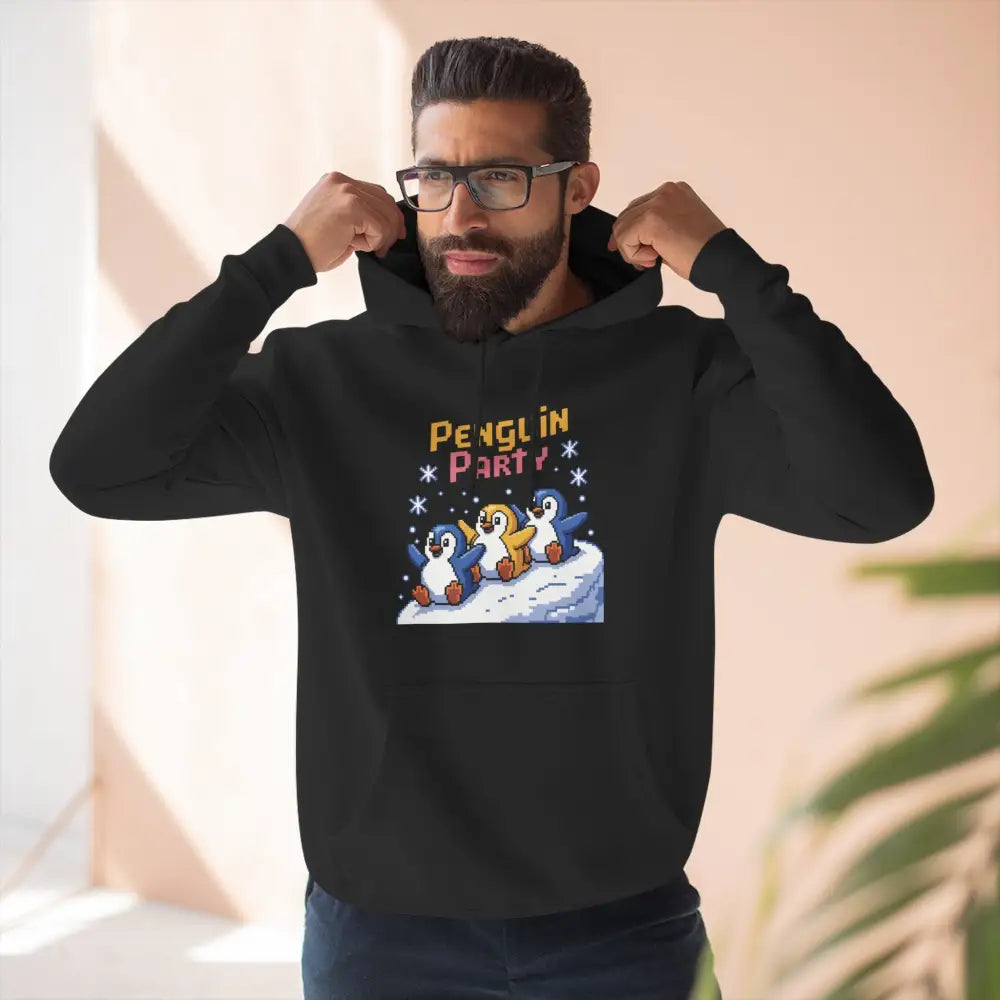 Black hoodie with Penguin Party graphic, cozy fleece, machine wash, perfect for winter fun