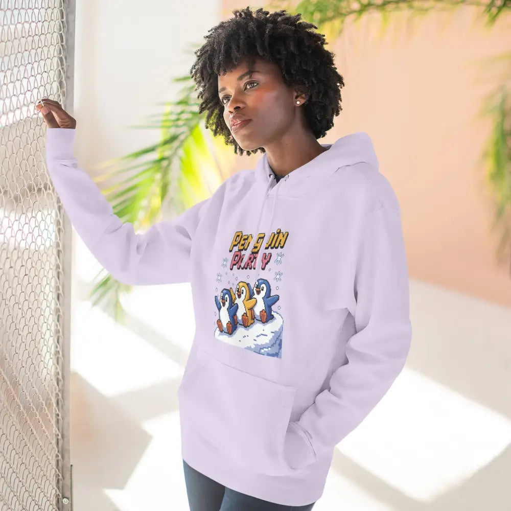 Light purple cozy fleece hoodie with penguins graphic, machine washable winter gift