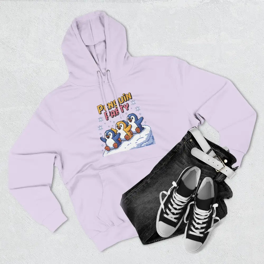 Light purple cozy fleece hoodie with Penguin Party graphic, machine washable for winter fun