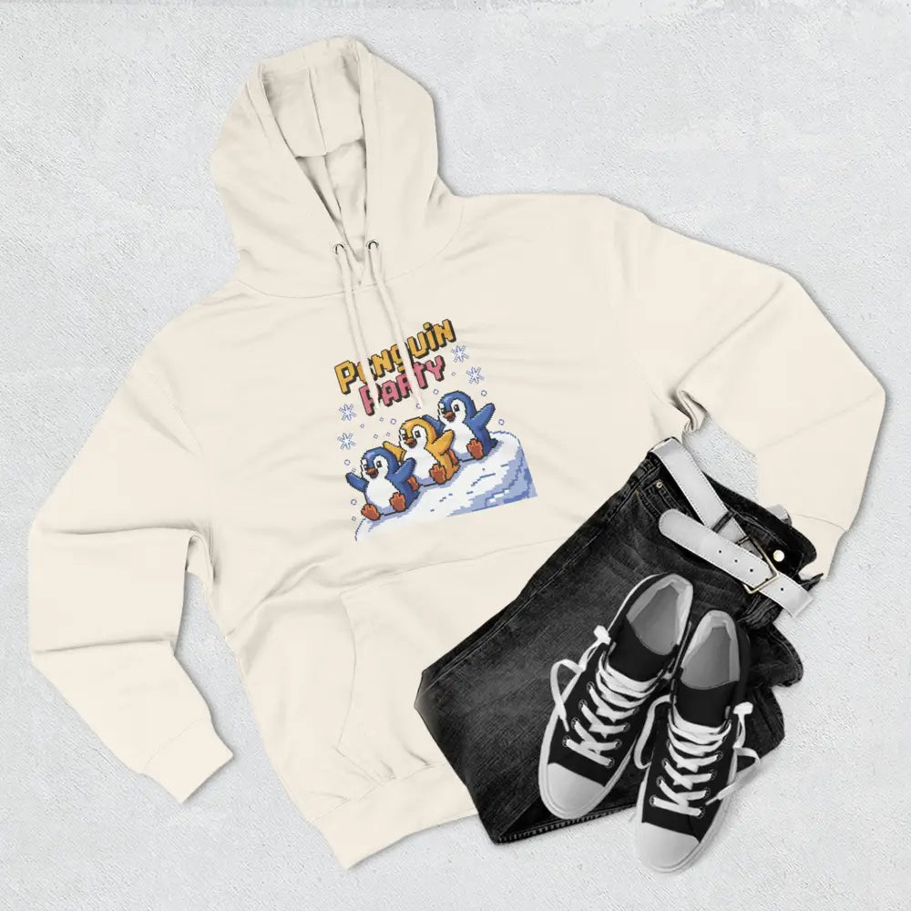 Cream-colored hoodie with Penguin Party graphic made of cozy fleece, machine wash friendly