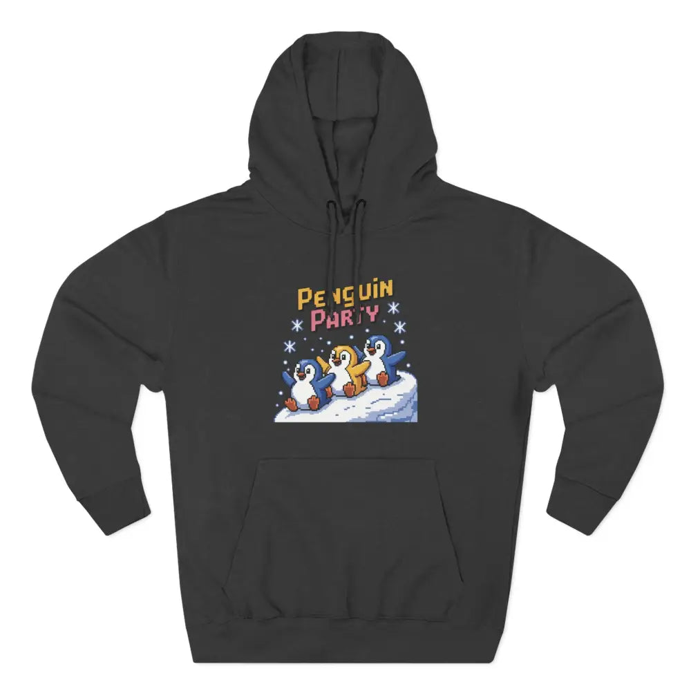 Dark gray hooded sweatshirt with Penguin Party graphic made of cozy fleece, machine washable