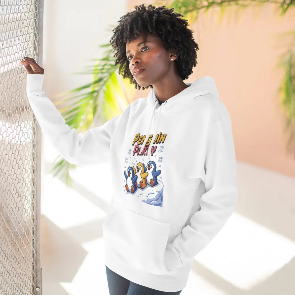 White hooded sweatshirt with Penguin Party graphic made of cozy fleece, machine washable for winter fun