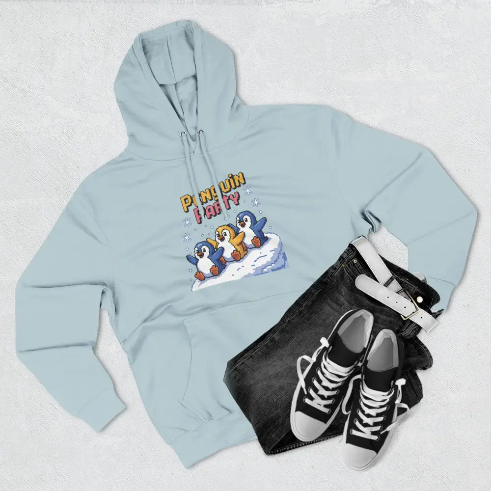 Light blue cozy fleece hoodie with Penguin Party graphic, machine washable for winter fun