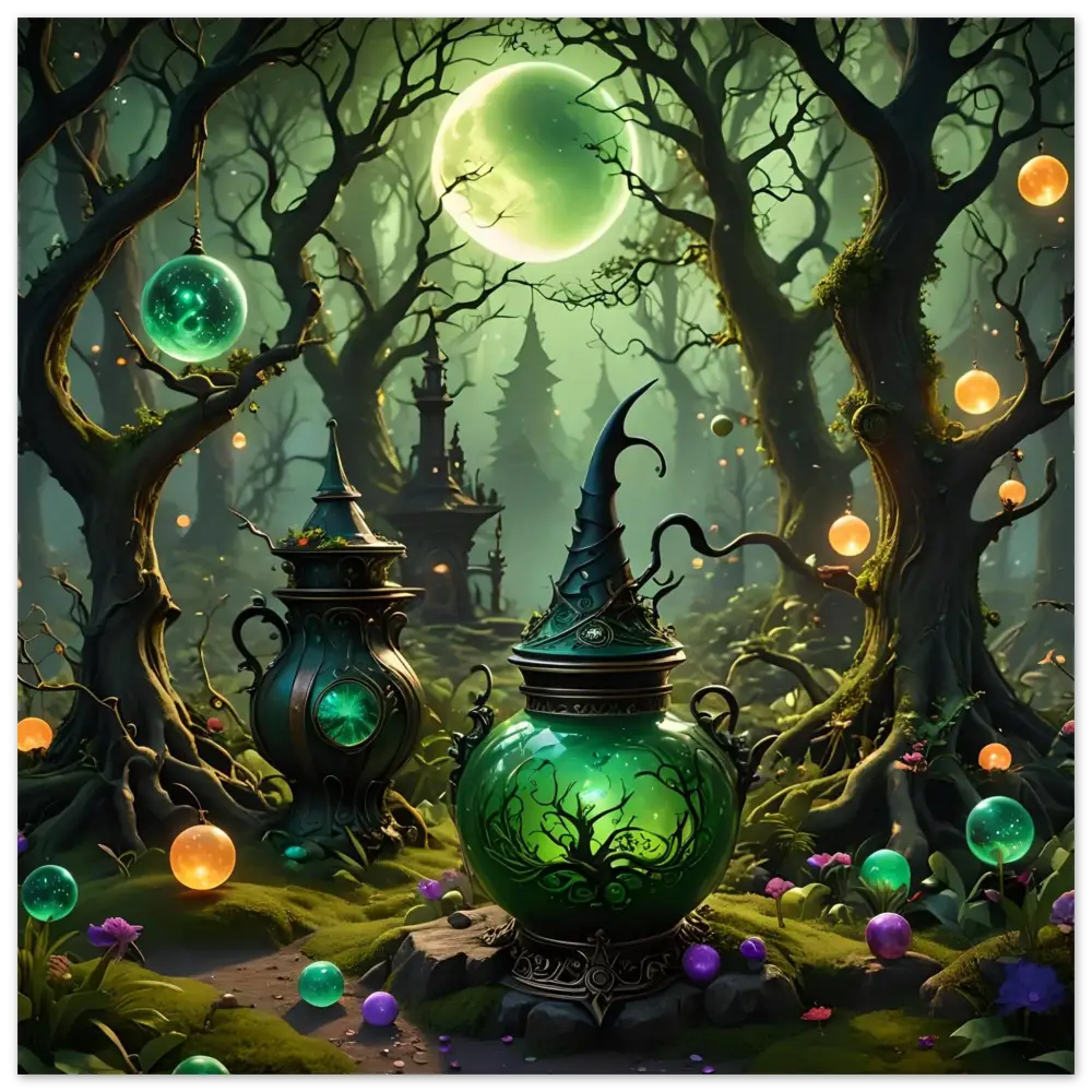 Glowing green potion vessel with pointed lid on Witchcraft Forest Fine Art Poster